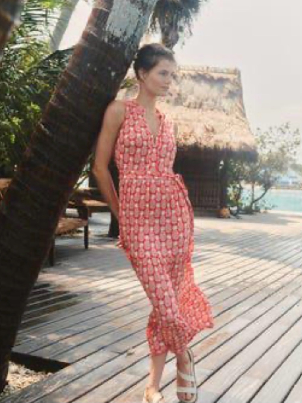 Boden Coral Pink Geometric V‑Neck Midi Dress